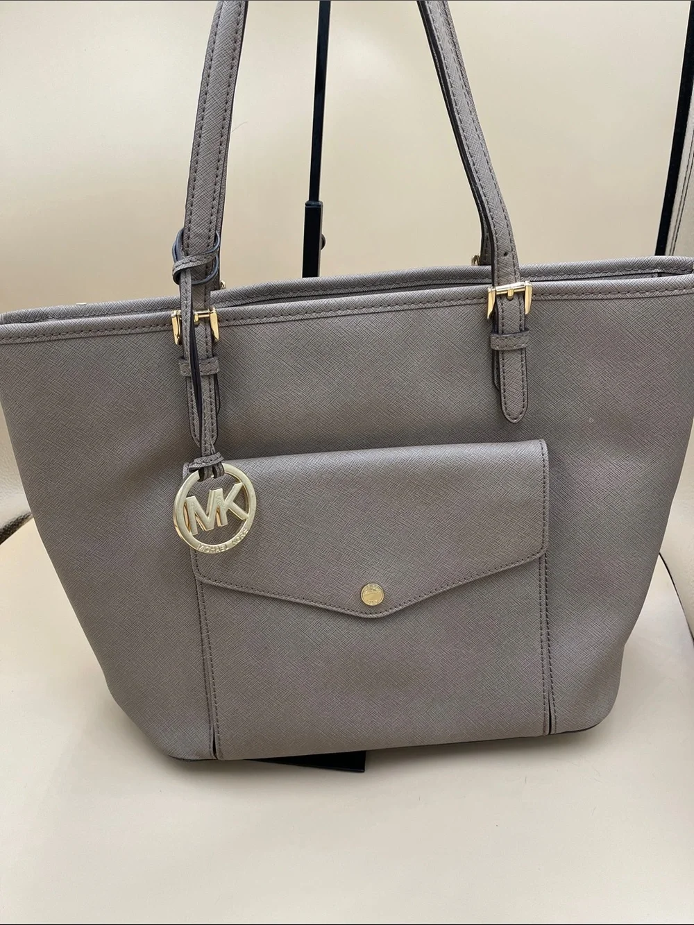 Michael Kors Gray Saffiano Tote with Front Pocket and MK Charm Beautiful Bag